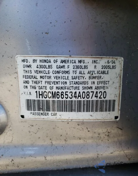 2004 Honda Accord Ex z USA, uszkodzony, nr VIN 1HGCM66534A087420